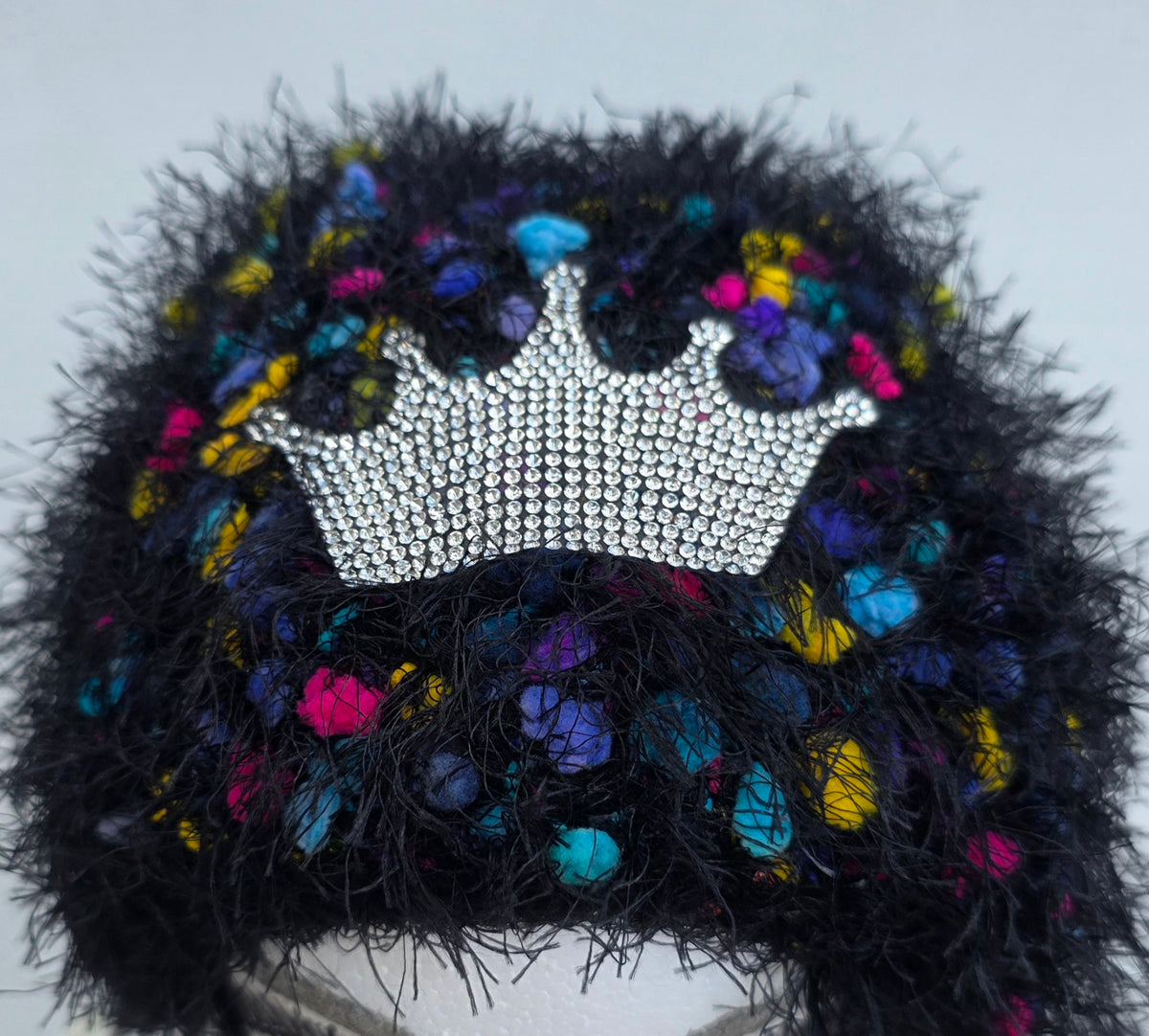 Confetti Queen rhinestone crown close-up on mannequin