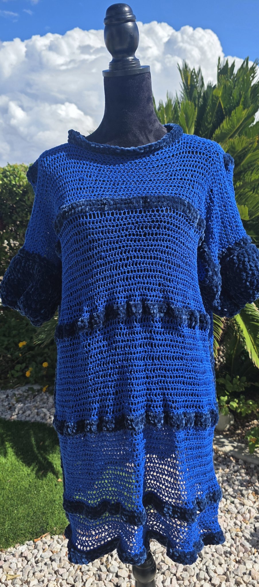 Cobalt Water tunic dress on mannequin, front view