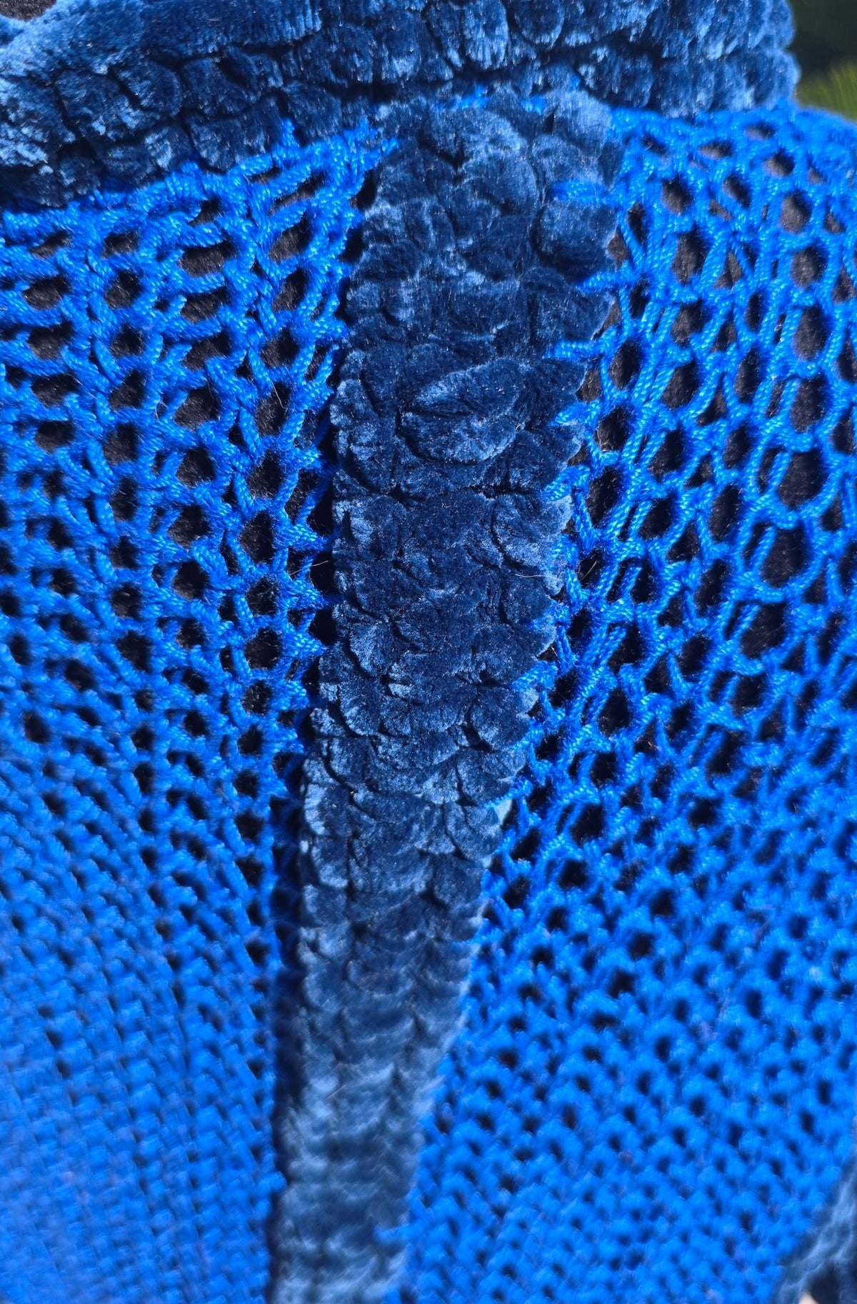 Cobalt Water tunic dress — velour trim texture close-up