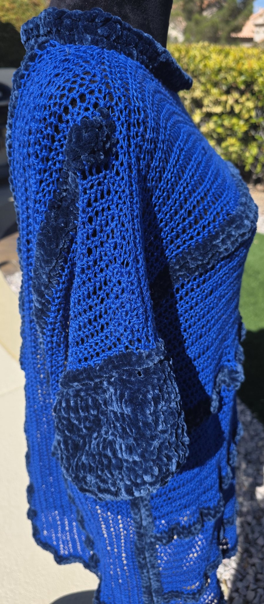 Cobalt Water tunic dress on mannequin, side view — velour cuff detail