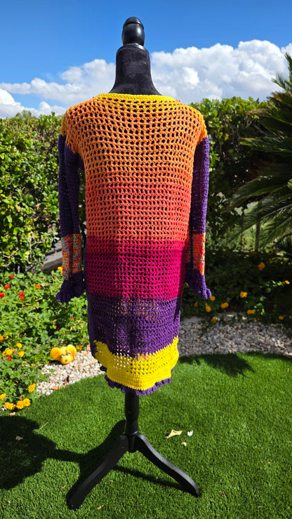 Spectrum Sunset crochet dress on mannequin — back view