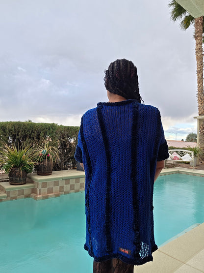 Cobalt Water tunic dress worn by Empress Vida — back view with UPLIFE label