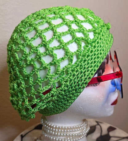 Verde Bloom Hat openwork lattice side and back view — breezy diamond mesh crochet stitch