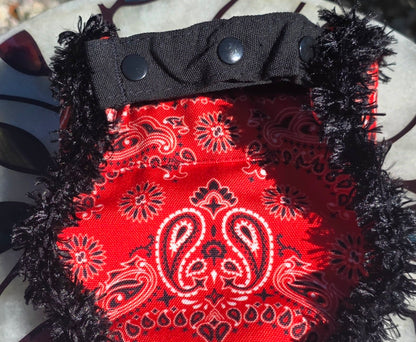 Rescued and Loved Dog Bandana, flat back view showing red paisley reverse and snap-on collar strap