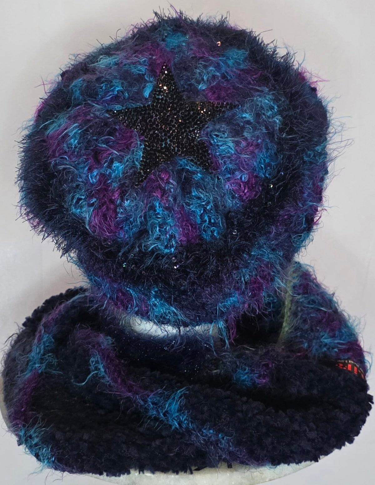 Blue Star crochet hat with sequin star and matching infinity scarf