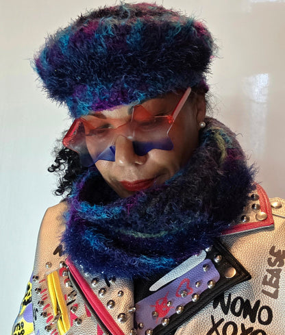 Blue Star hat and infinity scarf styled look, close-up