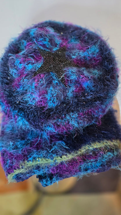 Close-up of sequin star detail on Blue Star crochet hat