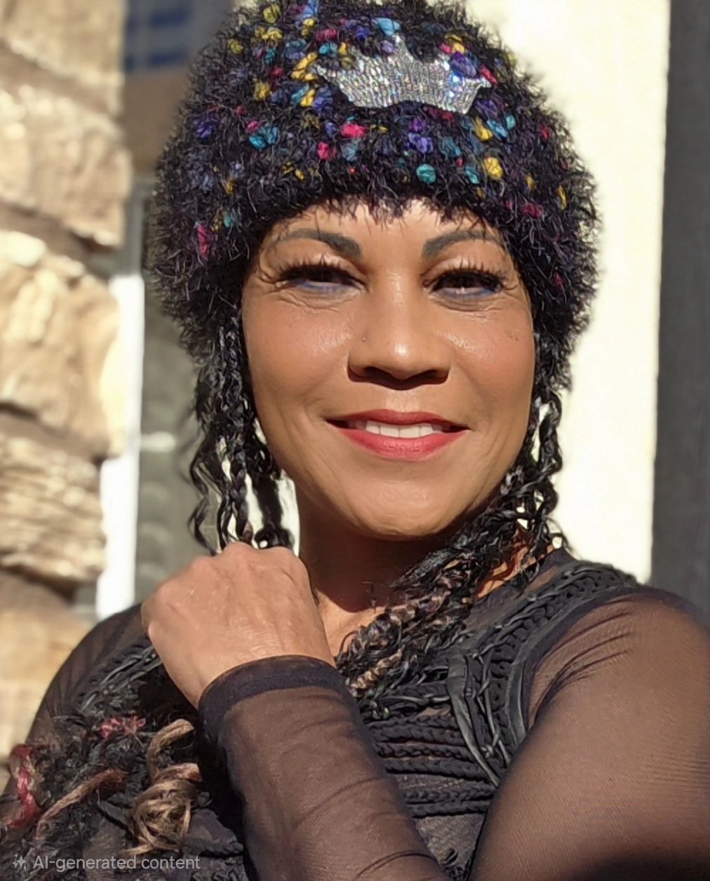 Confetti Queen crown hat worn by Empress Vida, smiling