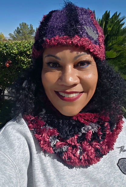 Empress Vida wearing the Amethyst Queen Hat and Infinity Scarf, front view