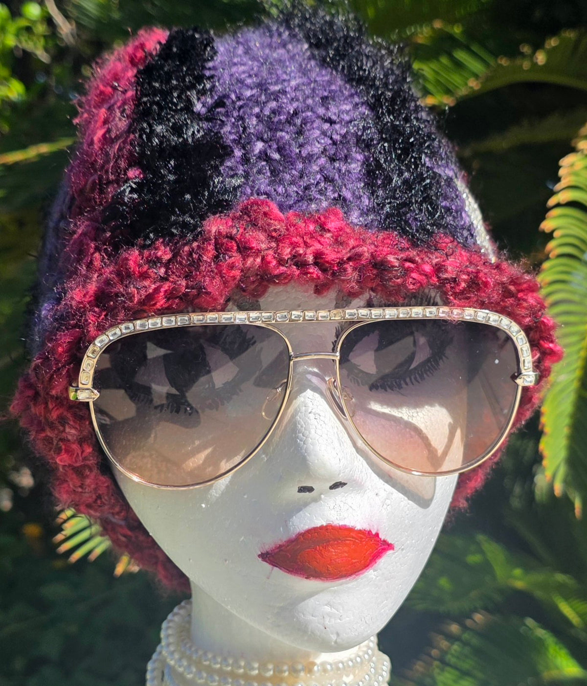Amethyst Queen Hat on a mannequin, front close-up view