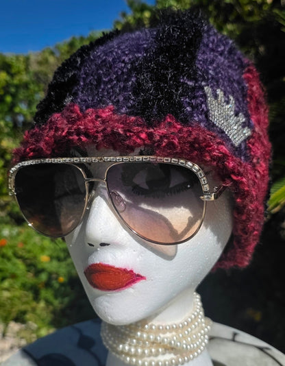 Amethyst Queen Hat on a mannequin, front view showing the rhinestone crown applique
