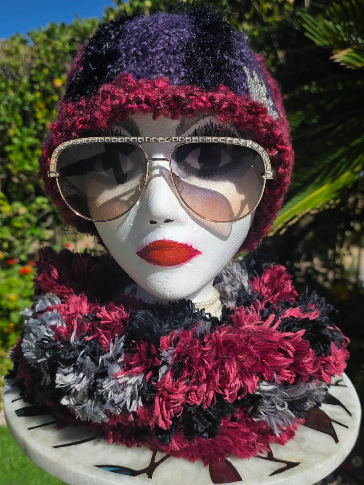 Amethyst Queen Hat and Infinity Scarf set on a mannequin, front view