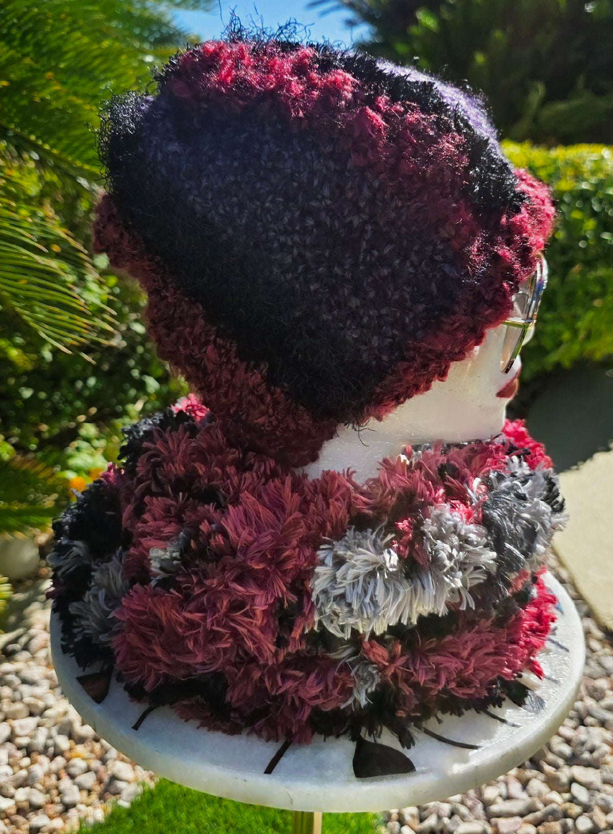Amethyst Queen Hat and Infinity Scarf set on a mannequin, side view