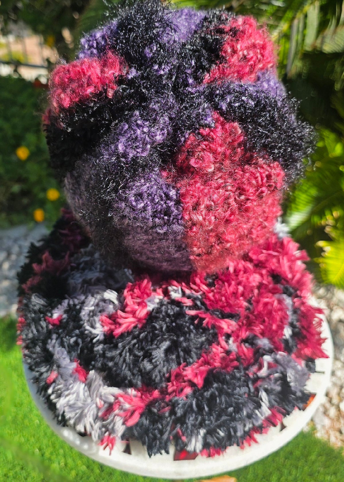 Amethyst Queen Hat and Infinity Scarf laid out, top view showing the full fluffy scarf